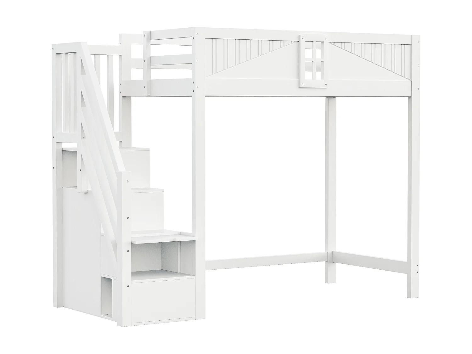 Lit mezzanine 90x200 cm - avec rangements - avec échelle - avec garde-corps - avec bureau - blanc (sans matelas)