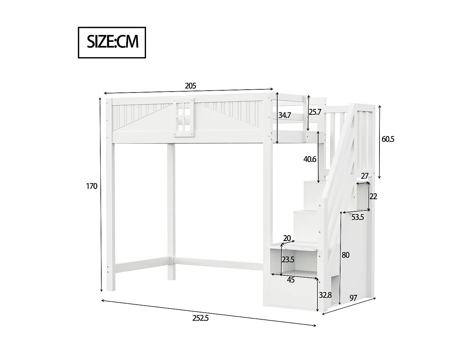 90x200 cm loft bed - with storage - with ladder - with guardrail - white (mattress not included)