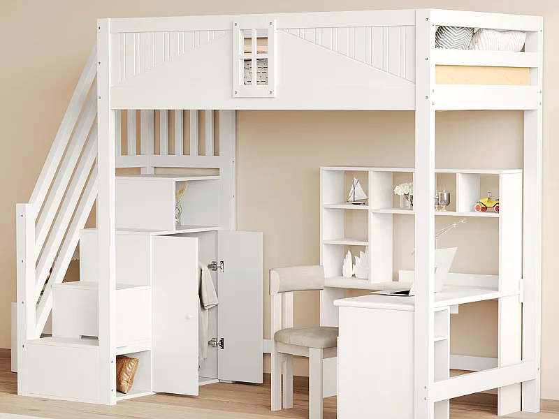 Lit mezzanine 90x200 cm - avec rangements - avec échelle - avec garde-corps - blanc (sans matelas)