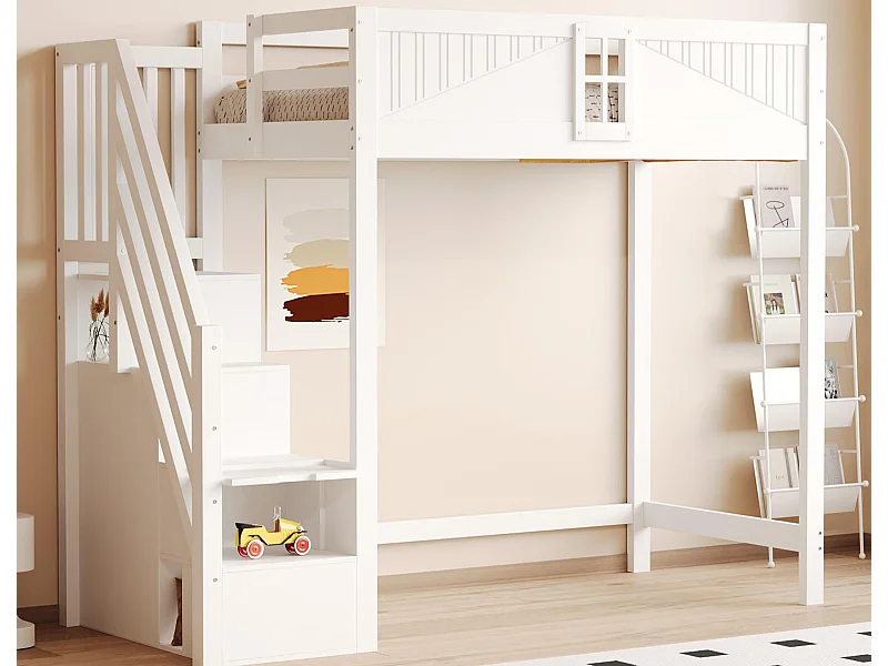 Letto soppalcato 90×200 cm - con ripostiglio - con scala - con parapetto - bianco (senza materasso)