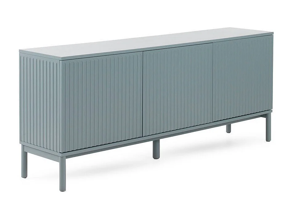 Aparador azul con ranuras acanaladas en puertas y laterales