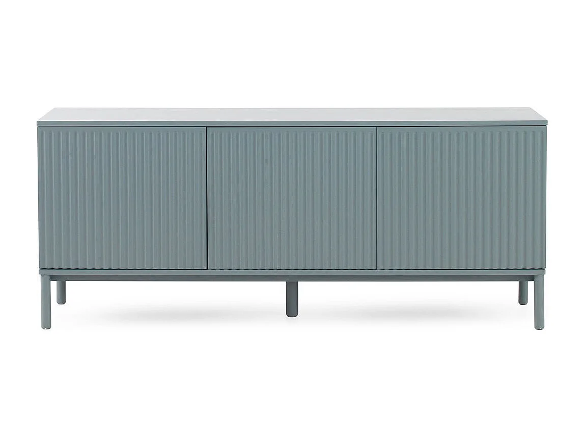 Aparador azul con ranuras acanaladas en puertas y laterales