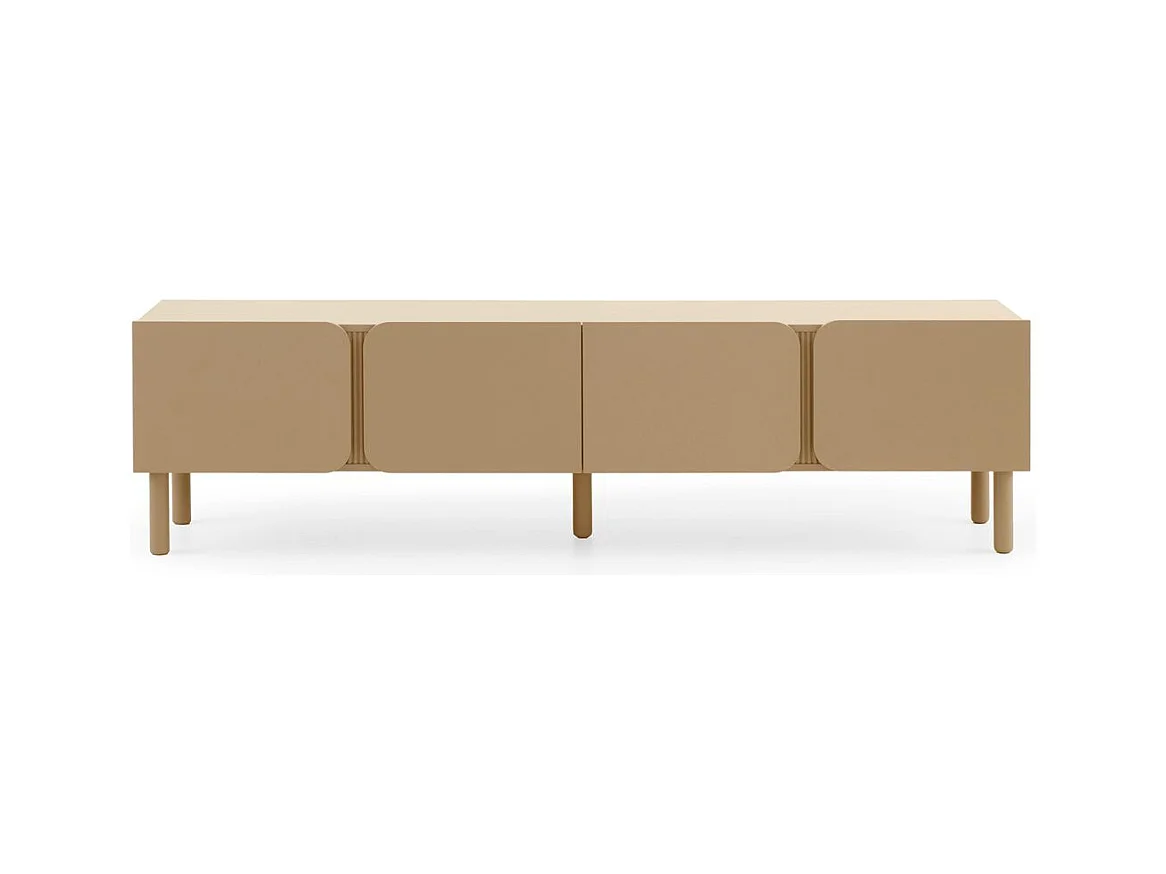 Mueble tv beige con cantos redondos en las esquinas de puertas