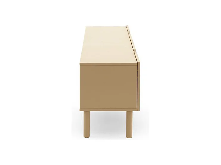 Mueble tv beige con cantos redondos en las esquinas de puertas