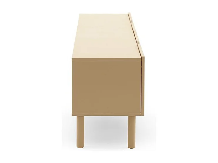 Mueble tv beige con cantos redondos en las esquinas de puertas