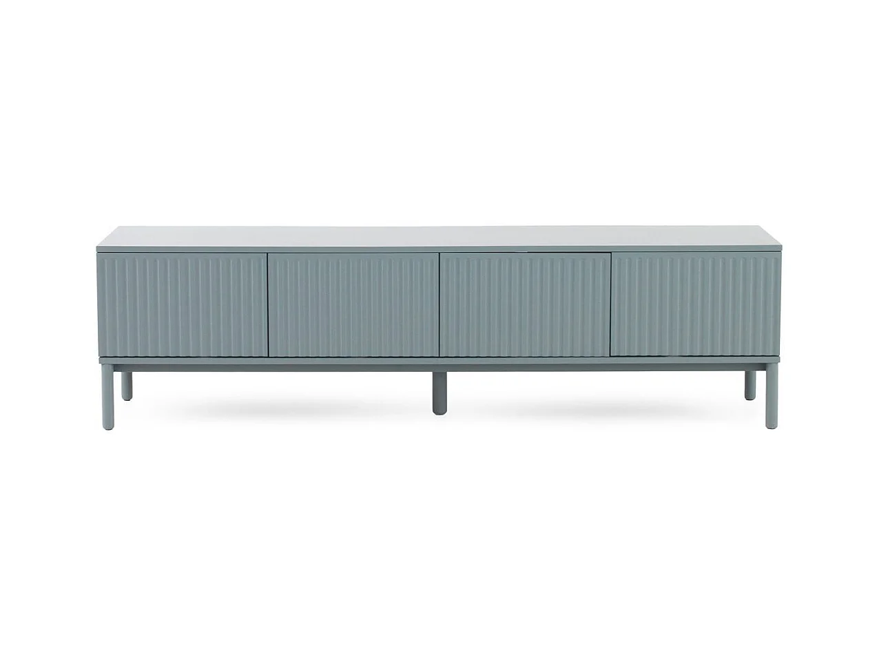 Mueble tv azul con ranuras acanaladas en puertas y laterales