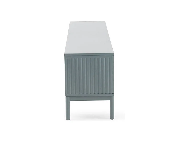 Mueble tv azul con ranuras acanaladas en puertas y laterales