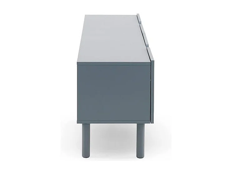 Mueble tv azul con cantos redondos en las esquinas de puertas