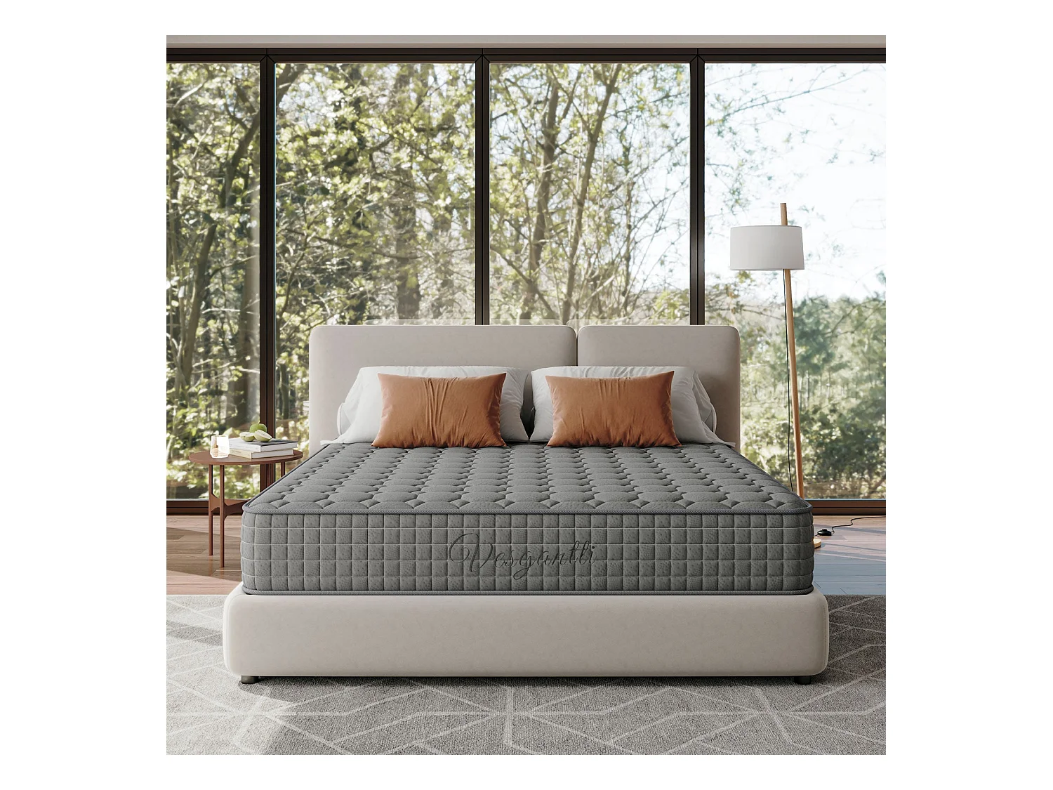 Materasso Vesgantti Grey 140x200cm, 25cm di spessore, molle insacchettate ibride e memory foam, 7 zone di comfort, multistrato, certificato Oeko-Tex