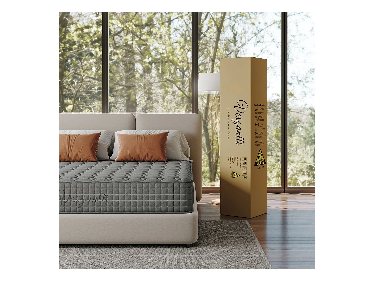 Materasso Vesgantti Grey 140x200cm, 25cm di spessore, molle insacchettate ibride e memory foam, 7 zone di comfort, multistrato, certificato Oeko-Tex