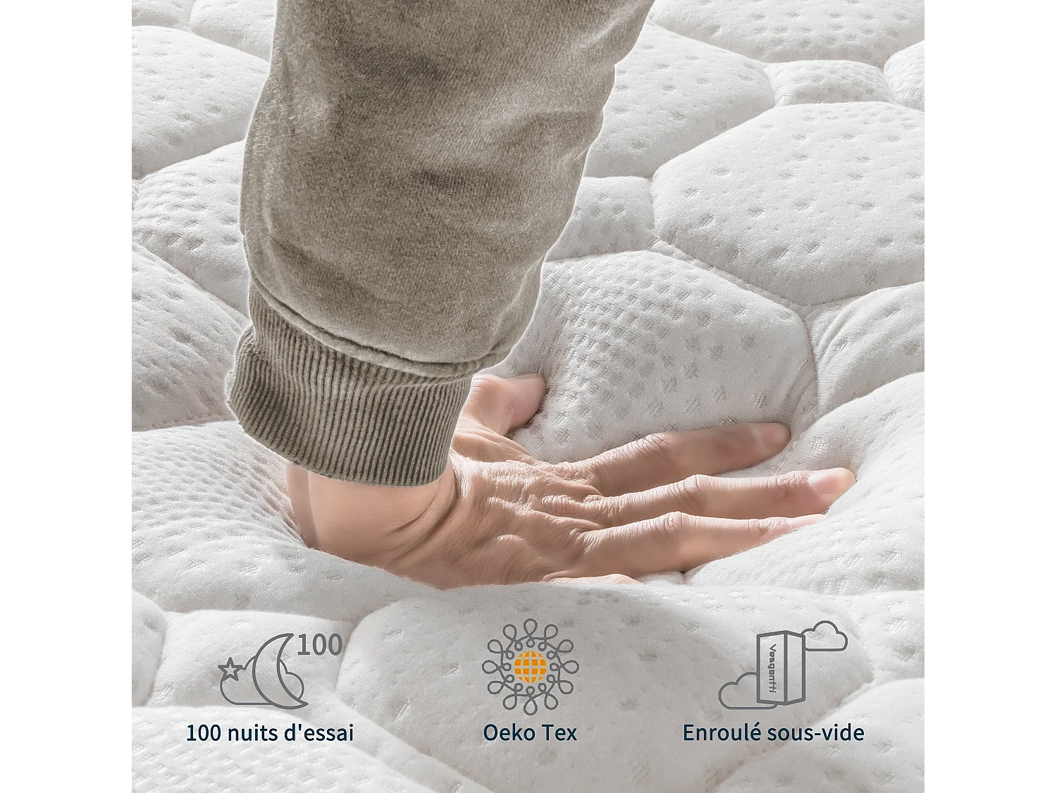 Vesgantti Matelas 150x200cm, 24cm Épais, Hybrid Ressorts Ensachés & Mousse Mémoire, 7 Zones Confort, Multicouches, Certifié Oeko-Tex