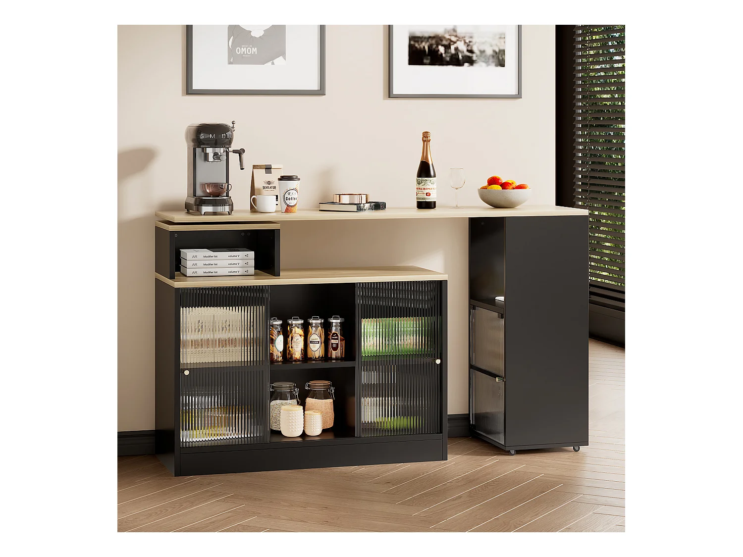 Table de bar extensible - 100 x 155 x 90 cm - avec rangements - table de bar mobile - MDF + verre - noir