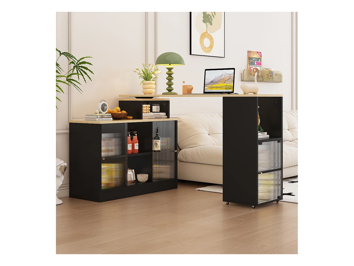 Table de bar extensible - 100 x 155 x 90 cm - avec rangements - table de bar mobile - MDF + verre - noir