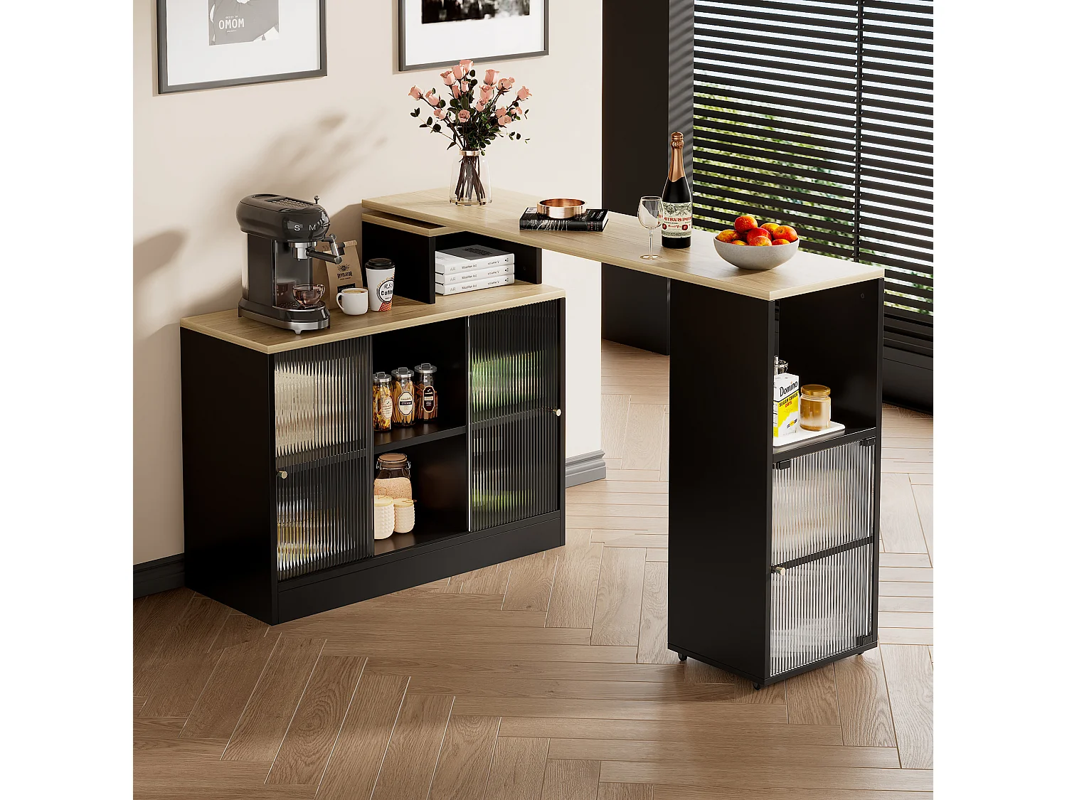 Table de bar extensible - 100 x 155 x 90 cm - avec rangements - table de bar mobile - MDF + verre - noir