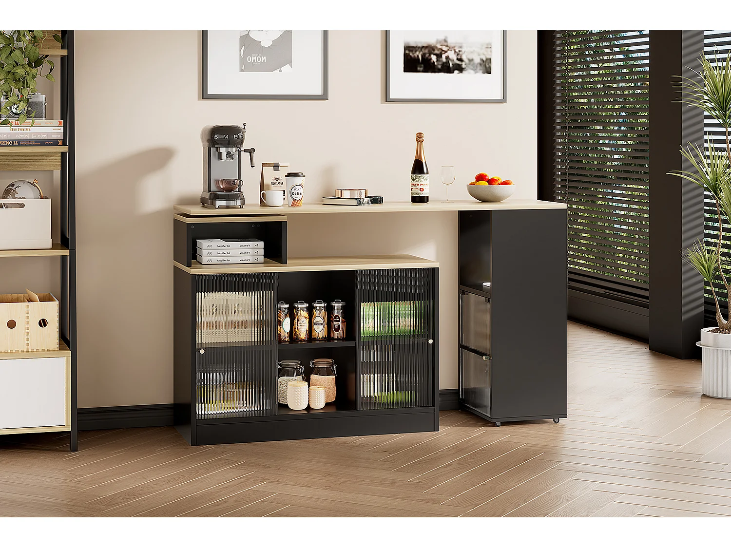 Table de bar extensible - 100 x 155 x 90 cm - avec rangements - table de bar mobile - MDF + verre - noir