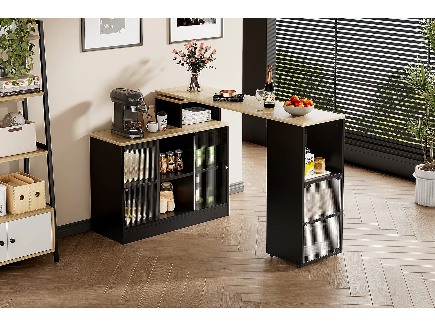 Table de bar extensible - 100 x 155 x 90 cm - avec rangements - table de bar mobile - MDF + verre - noir