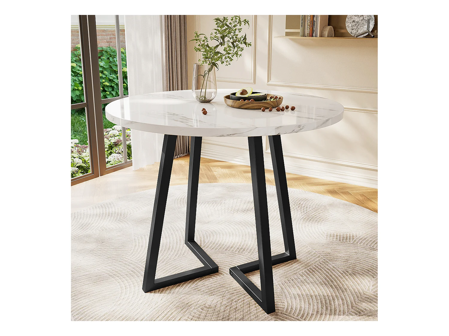 Table à manger - 80 x 80 x 75 cm - table ronde en métal avec motif de marbre moderne - MDF - blanc/or