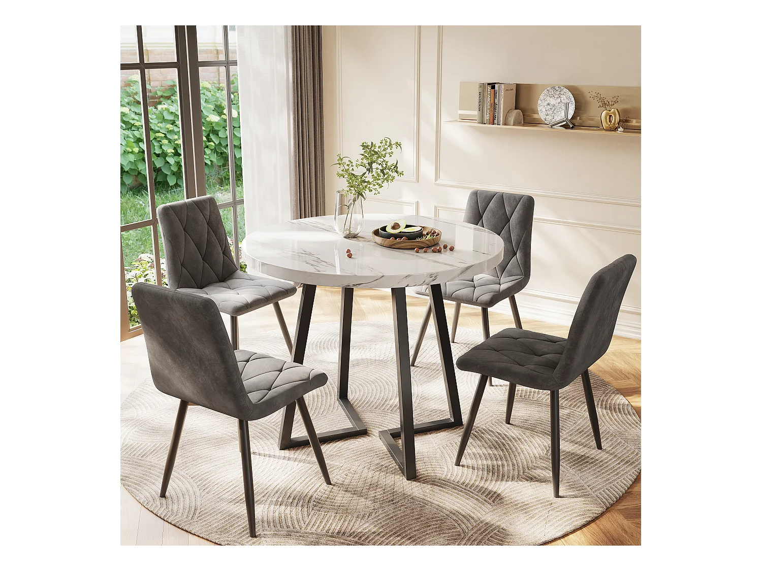 Table à manger - 80 x 80 x 75 cm - table ronde en métal avec motif de marbre moderne - MDF - blanc/or