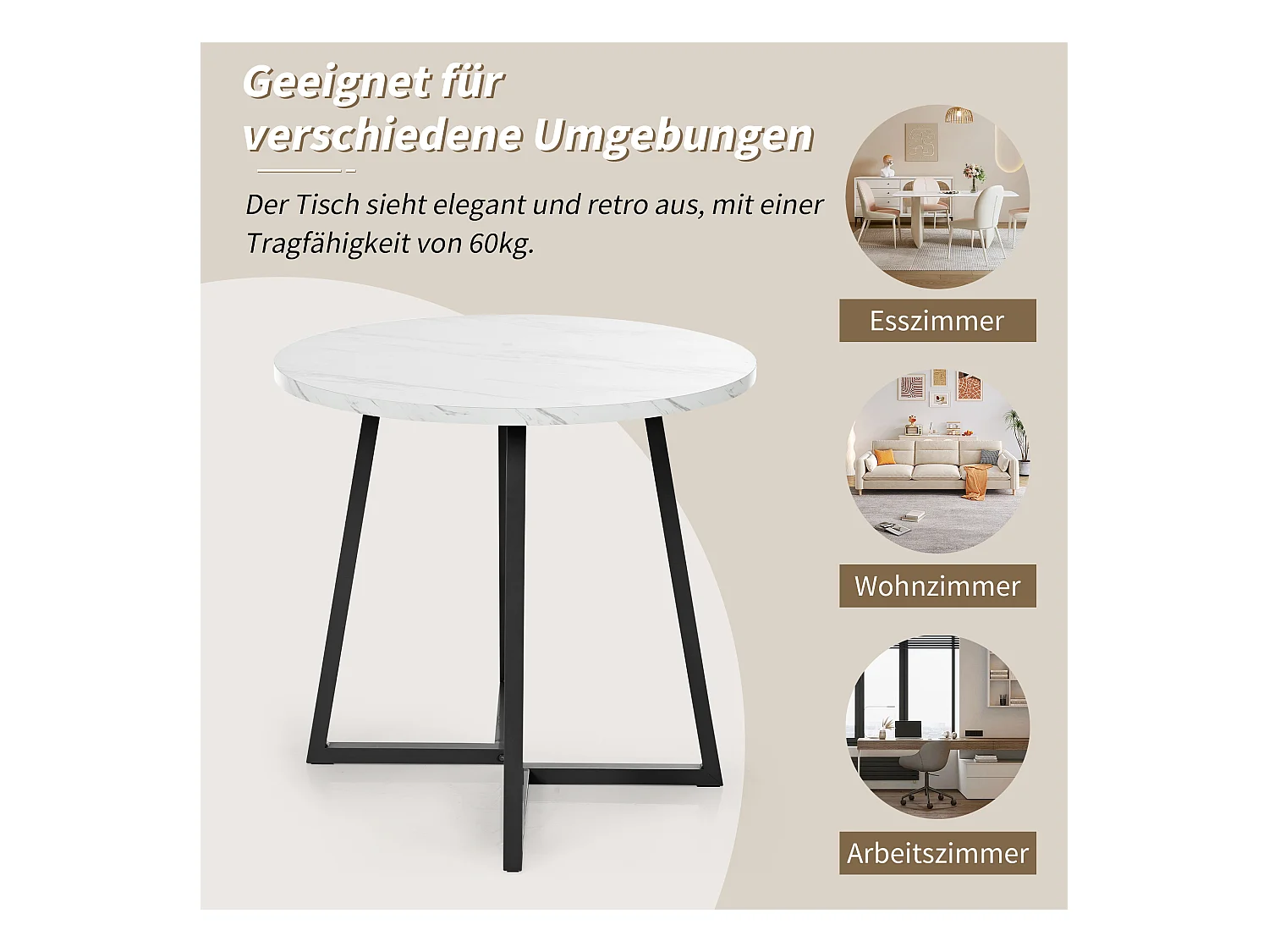 Table à manger - 80 x 80 x 75 cm - table ronde en métal avec motif de marbre moderne - MDF - blanc/or