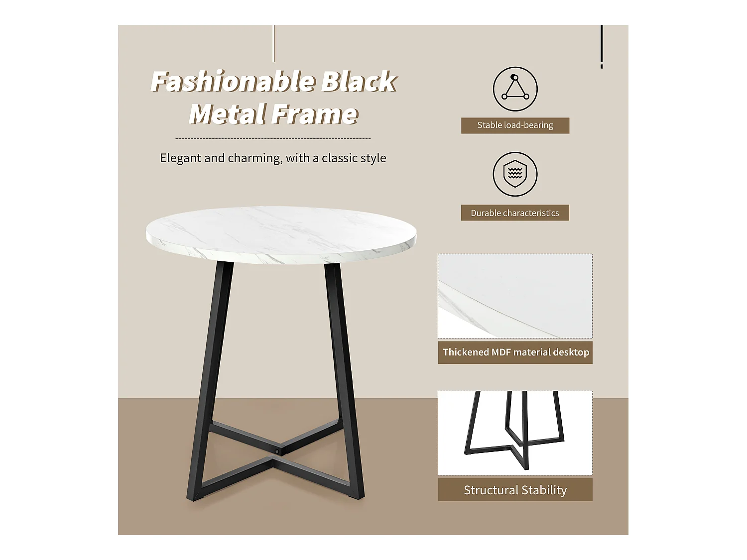 Table à manger - 80 x 80 x 75 cm - table ronde en métal avec motif de marbre moderne - MDF - blanc/or