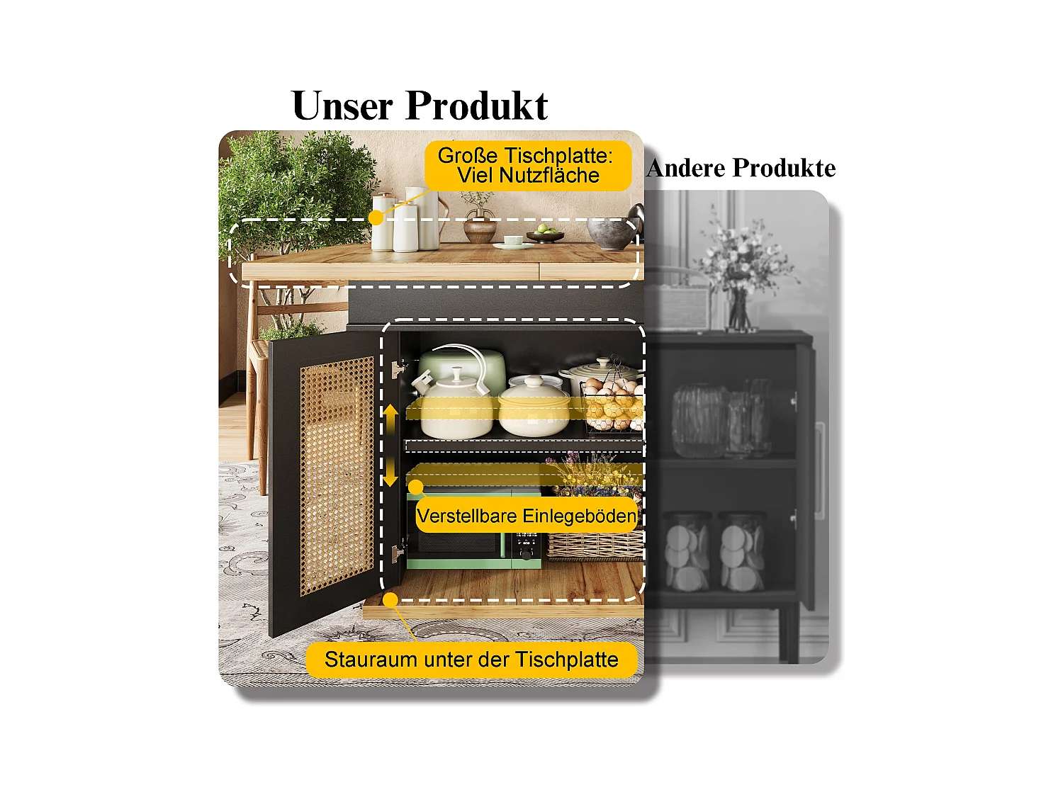 Stół jadalny składany 4-6 miejsc - 110-140 x 80 x 75 cm - rozkładany - z 2 drzwiami rattanowymi - MDF - czarny