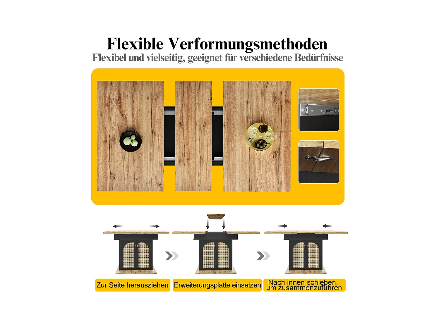 Stół jadalny składany 4-6 miejsc - 110-140 x 80 x 75 cm - rozkładany - z 2 drzwiami rattanowymi - MDF - czarny