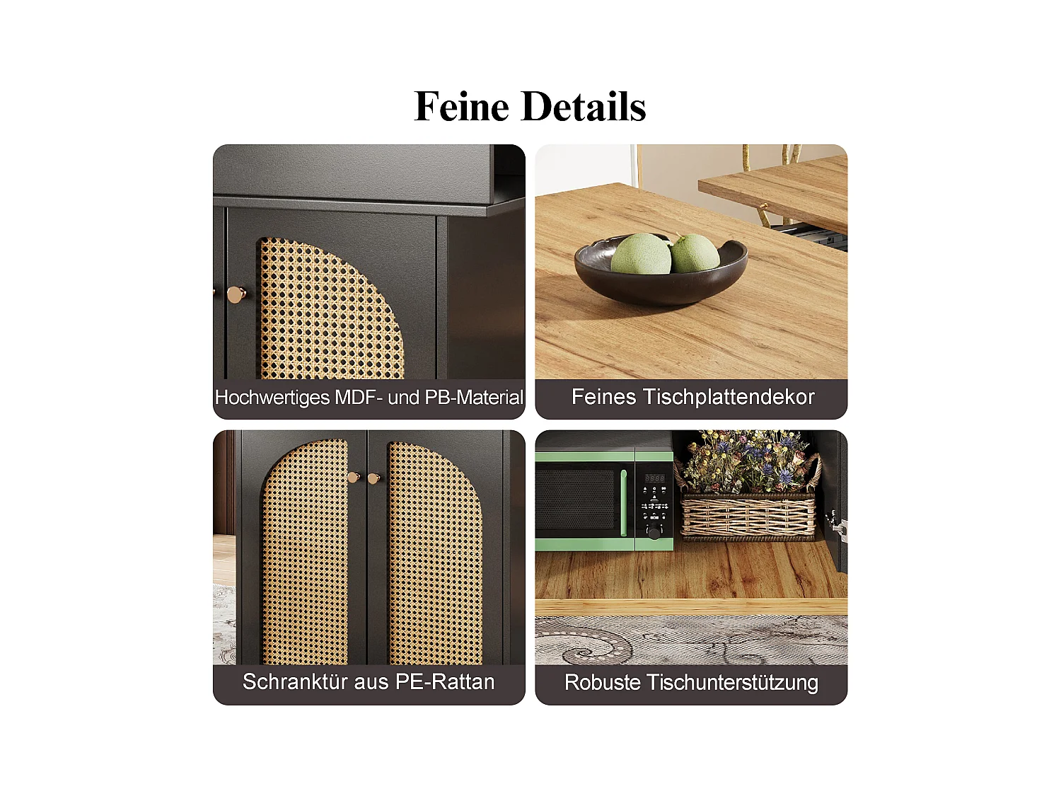 Stół jadalny składany 4-6 miejsc - 110-140 x 80 x 75 cm - rozkładany - z 2 drzwiami rattanowymi - MDF - czarny