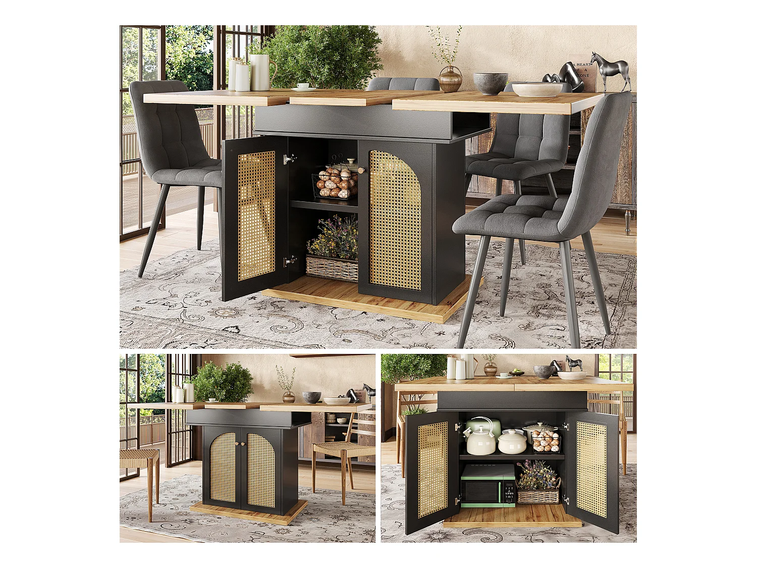 Table à manger pliable 4 - 6 places - 110-140 x 80 x 75 cm - extensible - avec 2 portes en rotin - MDF - noir