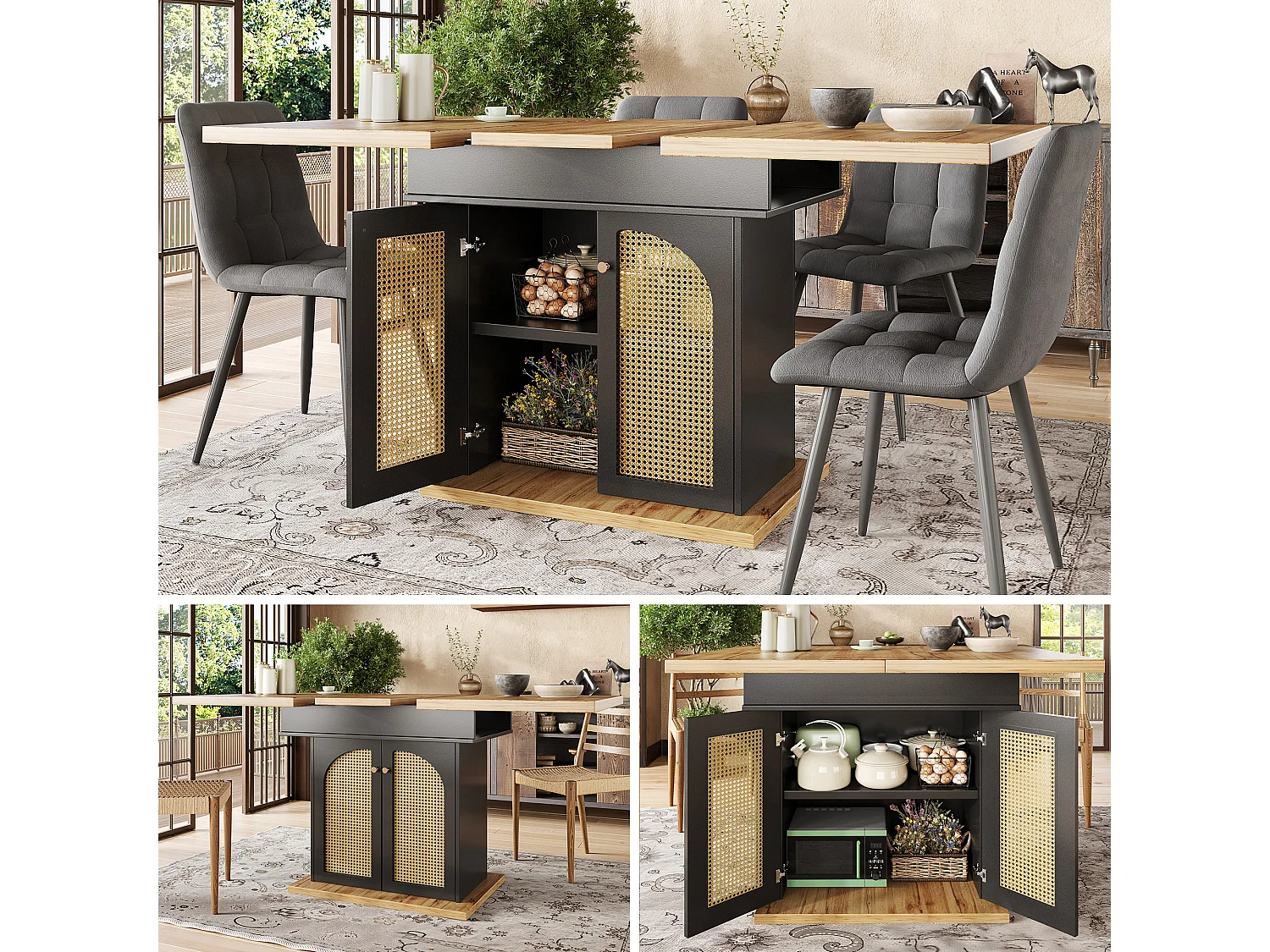 Table à manger pliable 4 - 6 places - 110-140 x 80 x 75 cm - extensible - avec 2 portes en rotin - MDF - noir