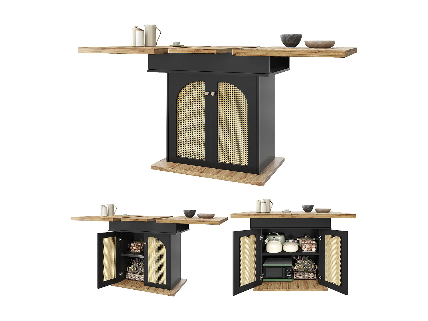 Table à manger pliable 4 - 6 places - 110-140 x 80 x 75 cm - extensible - avec 2 portes en rotin - MDF - noir