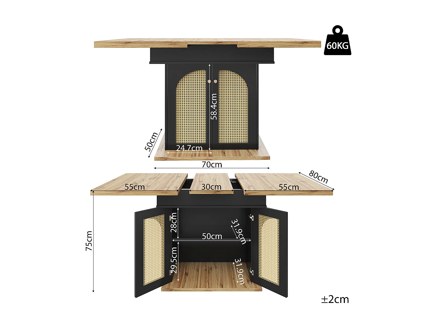 Table à manger pliable 4 - 6 places - 110-140 x 80 x 75 cm - extensible - avec 2 portes en rotin - MDF - noir