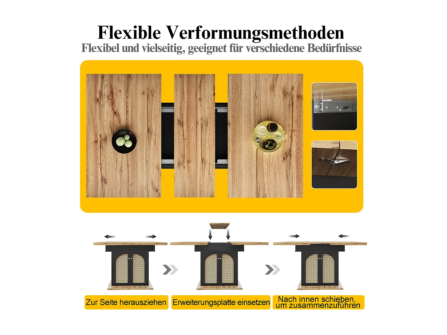 Table à manger pliable 4 - 6 places - 110-140 x 80 x 75 cm - extensible - avec 2 portes en rotin - MDF - noir