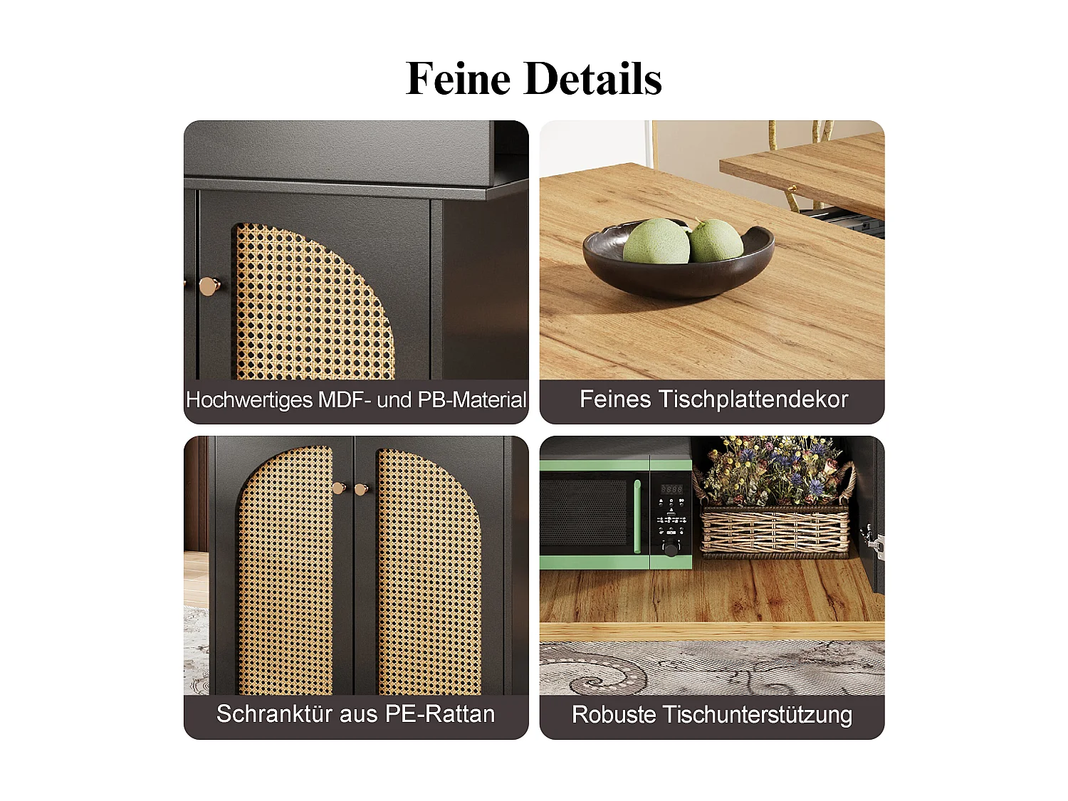 Table à manger pliable 4 - 6 places - 110-140 x 80 x 75 cm - extensible - avec 2 portes en rotin - MDF - noir