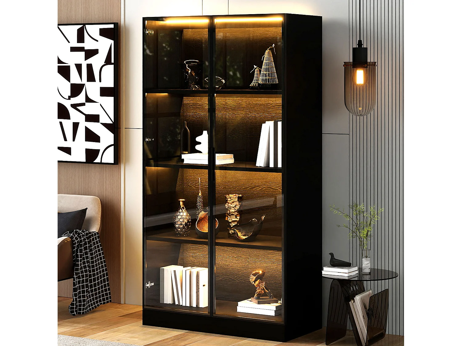 Witryna szklana - 70 x 40 x 160 cm - z diodami LED + drzwi ze szkła hartowanego - MDF - czarna