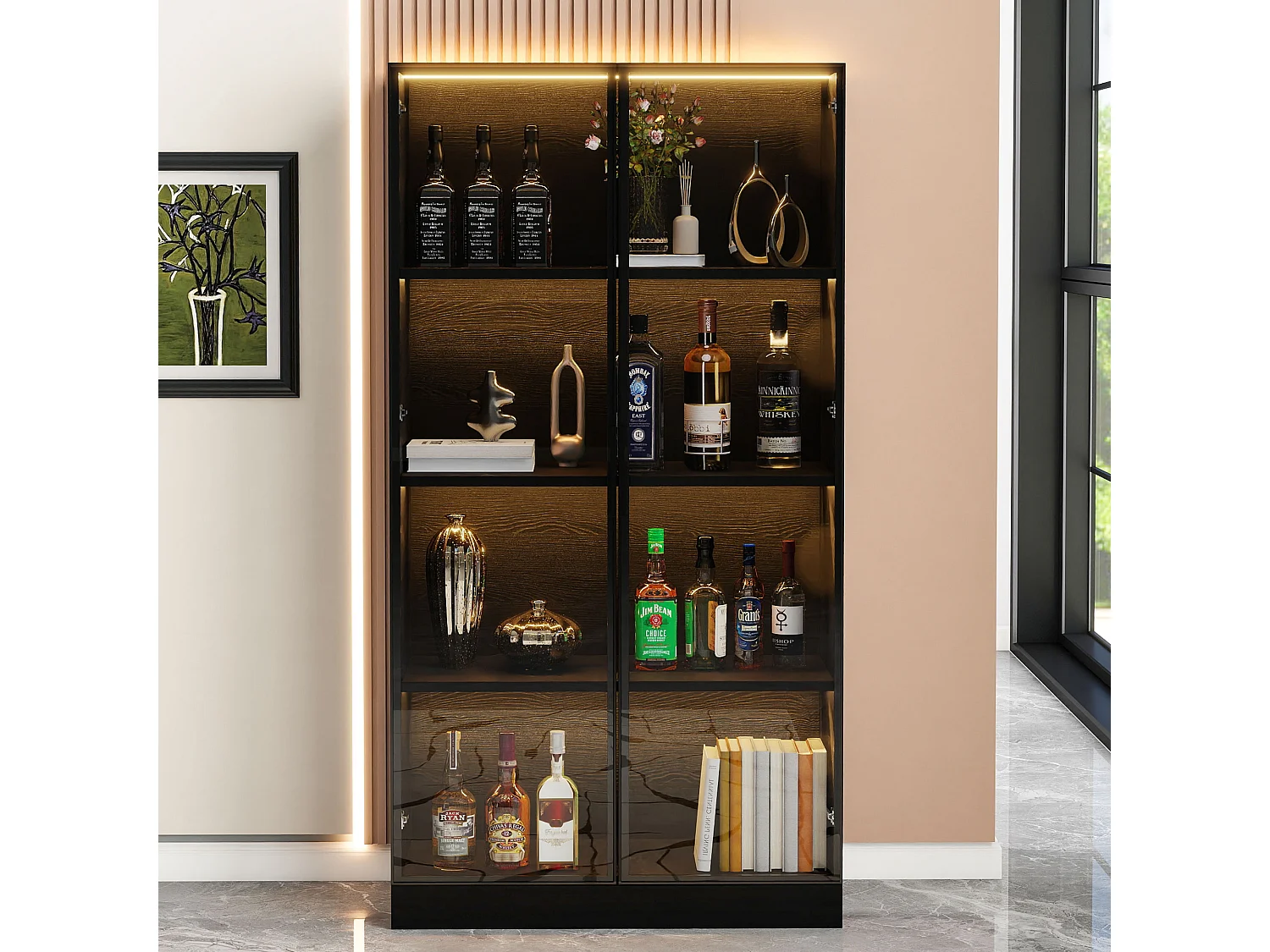 Witryna szklana - 70 x 40 x 160 cm - z diodami LED + drzwi ze szkła hartowanego - MDF - czarna