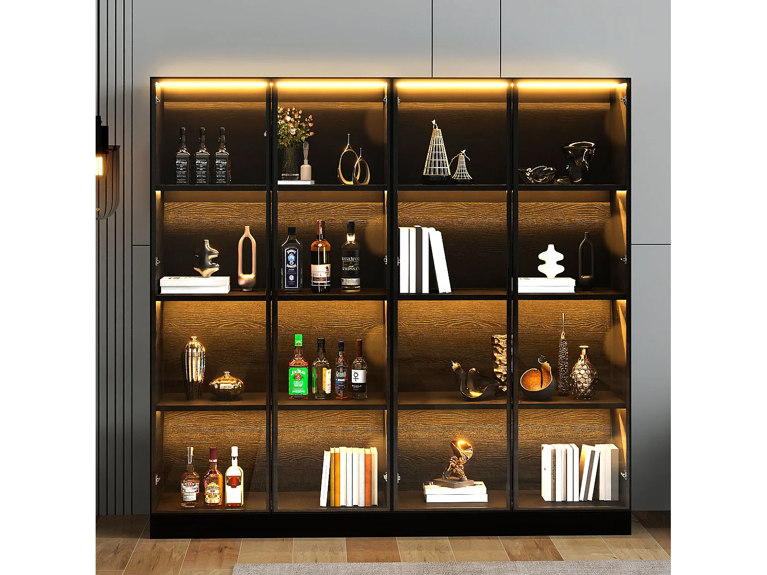 Witryna szklana - 70 x 40 x 160 cm - z diodami LED + drzwi ze szkła hartowanego - MDF - czarna