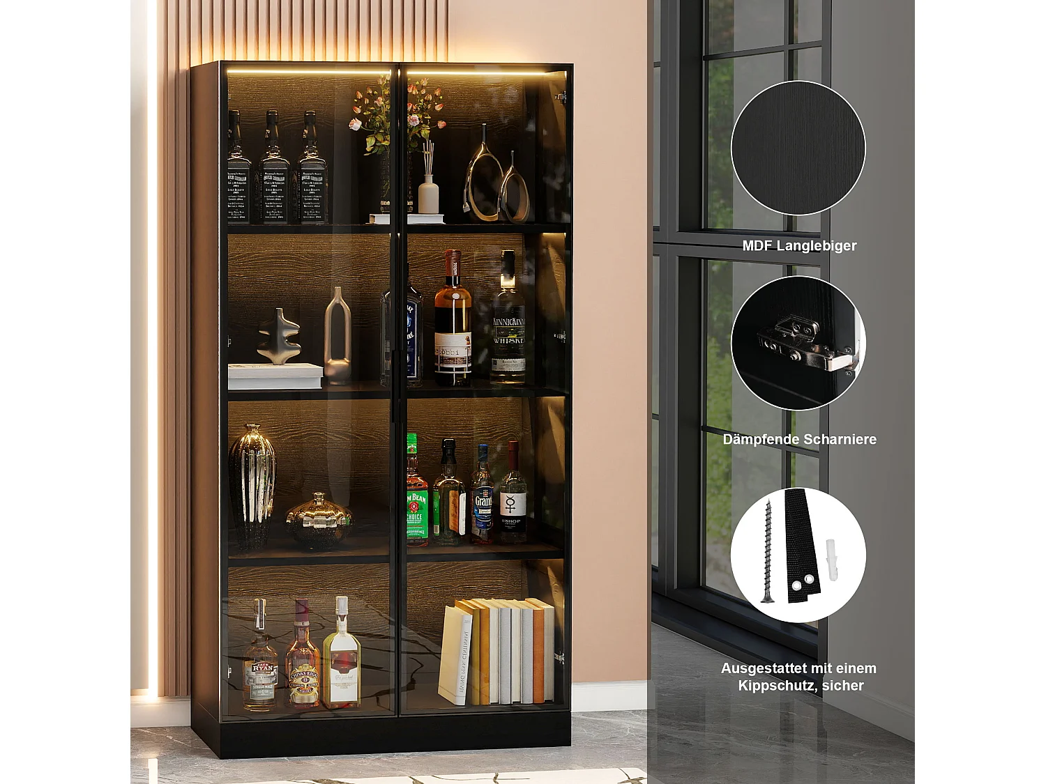 Witryna szklana - 70 x 40 x 160 cm - z diodami LED + drzwi ze szkła hartowanego - MDF - czarna