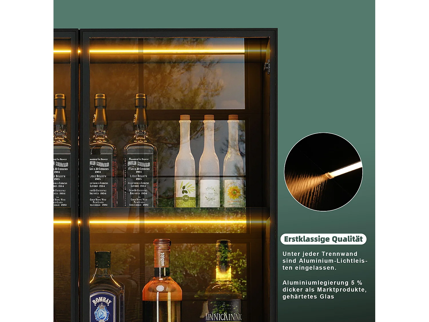 Witryna szklana - 70 x 40 x 160 cm - z diodami LED + drzwi ze szkła hartowanego - MDF - czarna