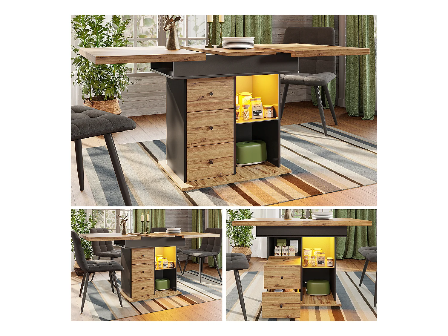 Stół jadalny składany 4-6 miejsc - 110-140 x 80 x 75 cm - rozkładany - z 2 szufladami + diody LED - MDF - czarny