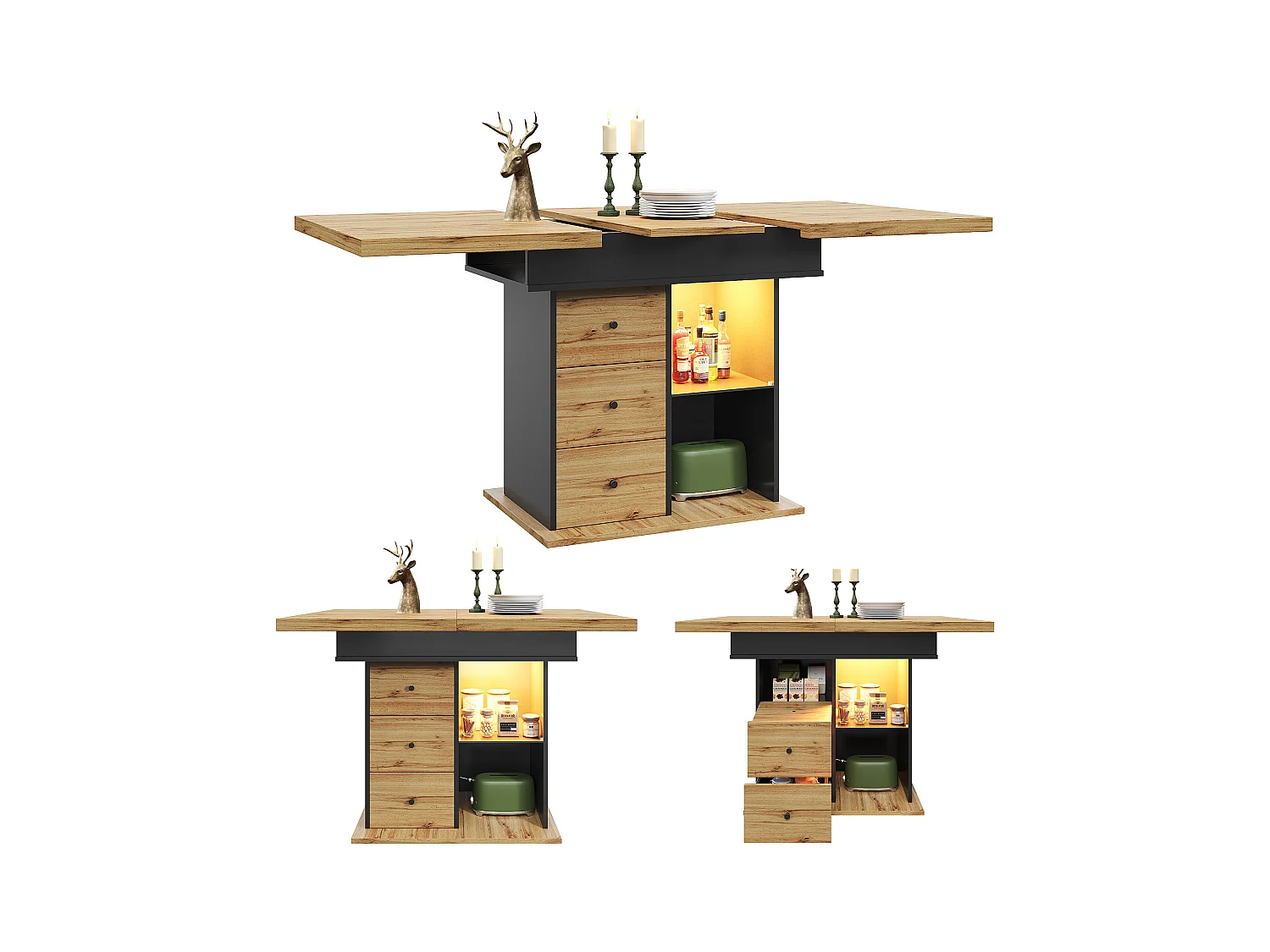 Stół jadalny składany 4-6 miejsc - 110-140 x 80 x 75 cm - rozkładany - z 2 szufladami + diody LED - MDF - czarny