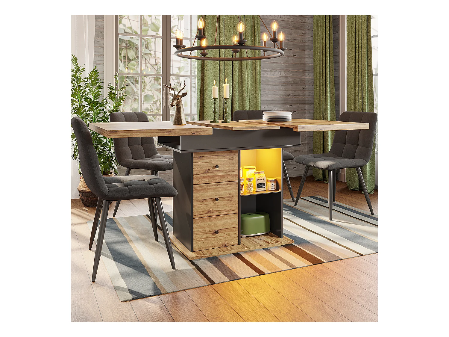 Stół jadalny składany 4-6 miejsc - 110-140 x 80 x 75 cm - rozkładany - z 2 szufladami + diody LED - MDF - czarny