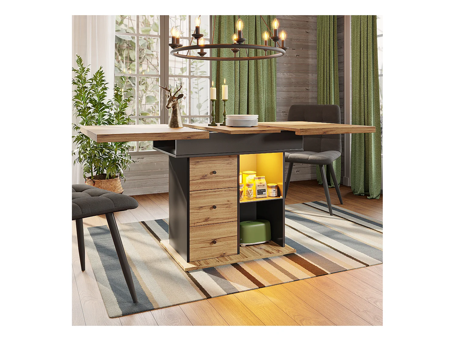 Stół jadalny składany 4-6 miejsc - 110-140 x 80 x 75 cm - rozkładany - z 2 szufladami + diody LED - MDF - czarny