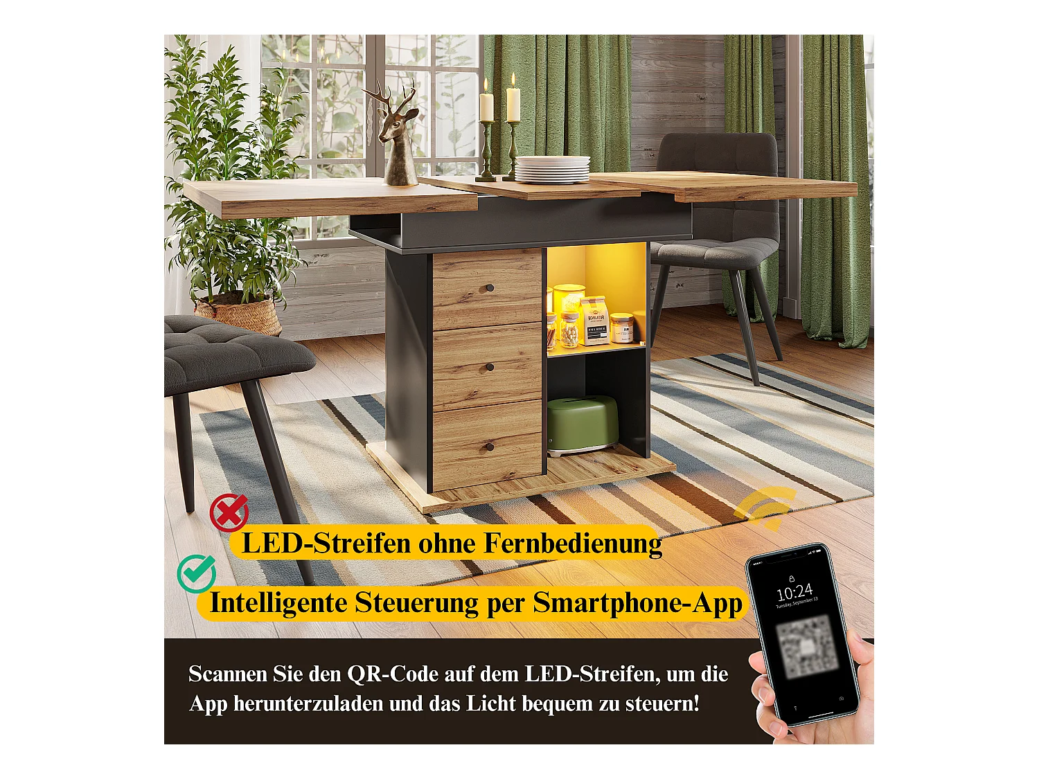 Stół jadalny składany 4-6 miejsc - 110-140 x 80 x 75 cm - rozkładany - z 2 szufladami + diody LED - MDF - czarny