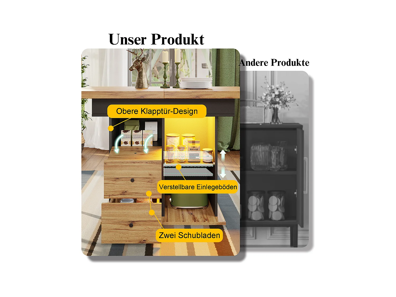 Stół jadalny składany 4-6 miejsc - 110-140 x 80 x 75 cm - rozkładany - z 2 szufladami + diody LED - MDF - czarny