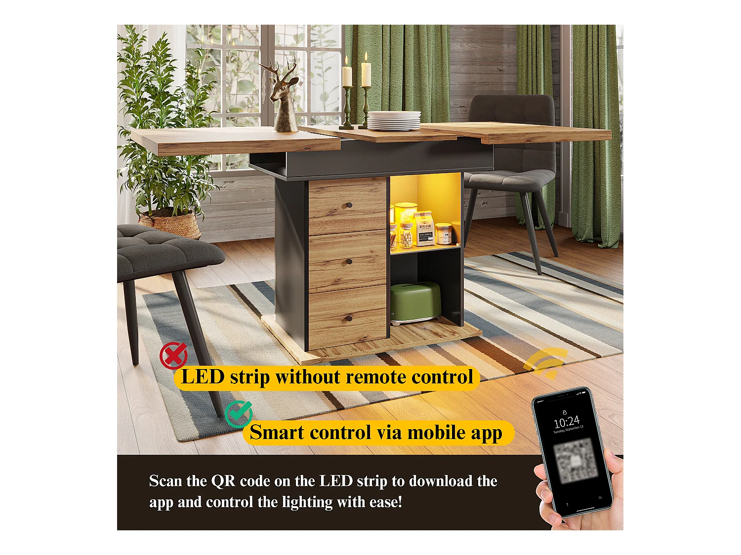 Stół jadalny składany 4-6 miejsc - 110-140 x 80 x 75 cm - rozkładany - z 2 szufladami + diody LED - MDF - czarny