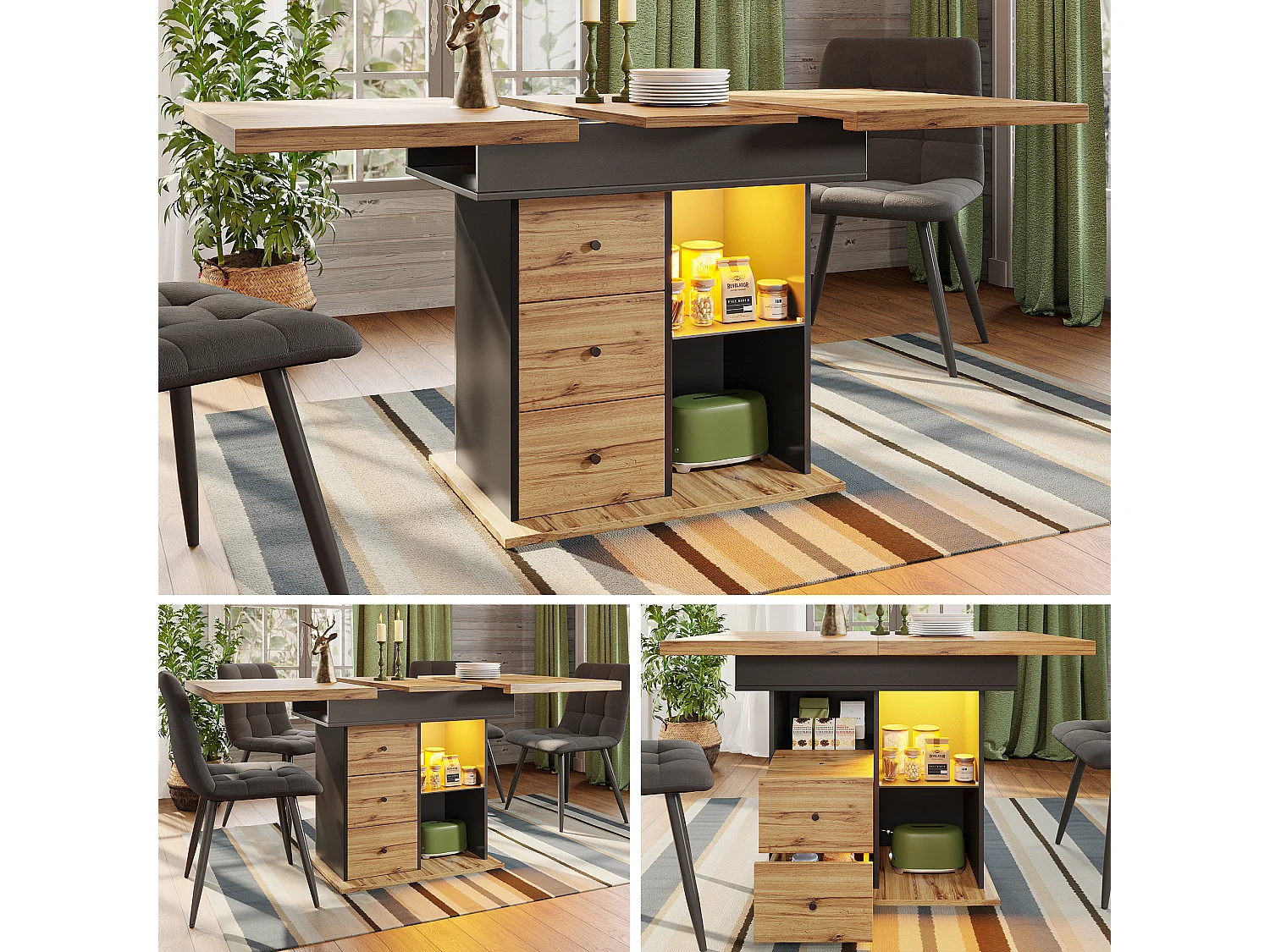 Opklapbare eettafel 4 - 6 plaatsen - 110-140 x 80 x 75 cm - uitschuifbaar - met 2 lades + LED's - MDF - zwart