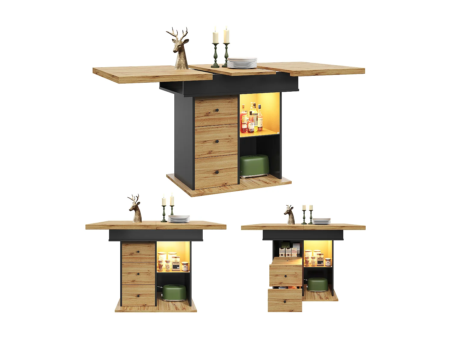 Opklapbare eettafel 4 - 6 plaatsen - 110-140 x 80 x 75 cm - uitschuifbaar - met 2 lades + LED's - MDF - zwart