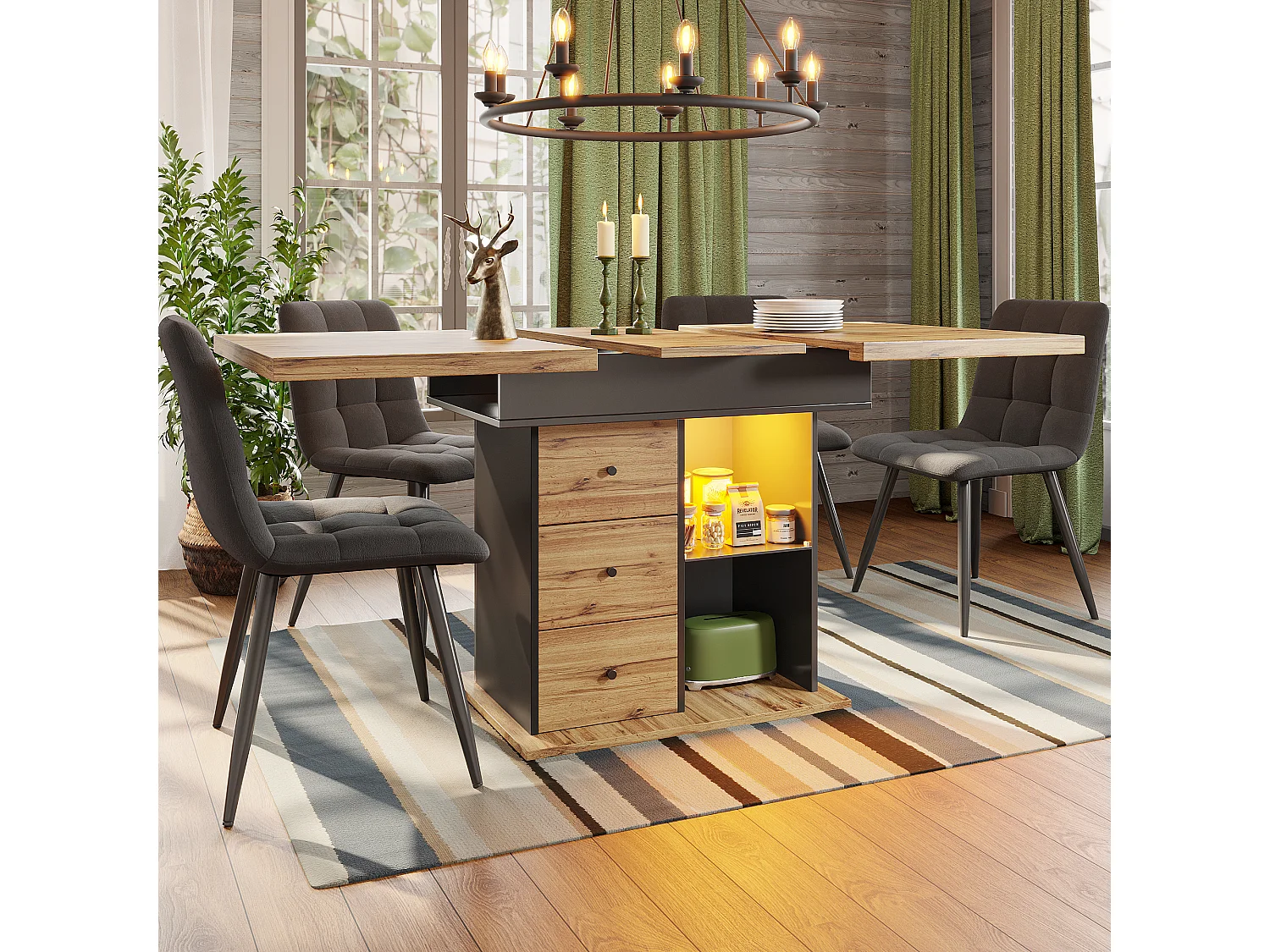 Opklapbare eettafel 4 - 6 plaatsen - 110-140 x 80 x 75 cm - uitschuifbaar - met 2 lades + LED's - MDF - zwart