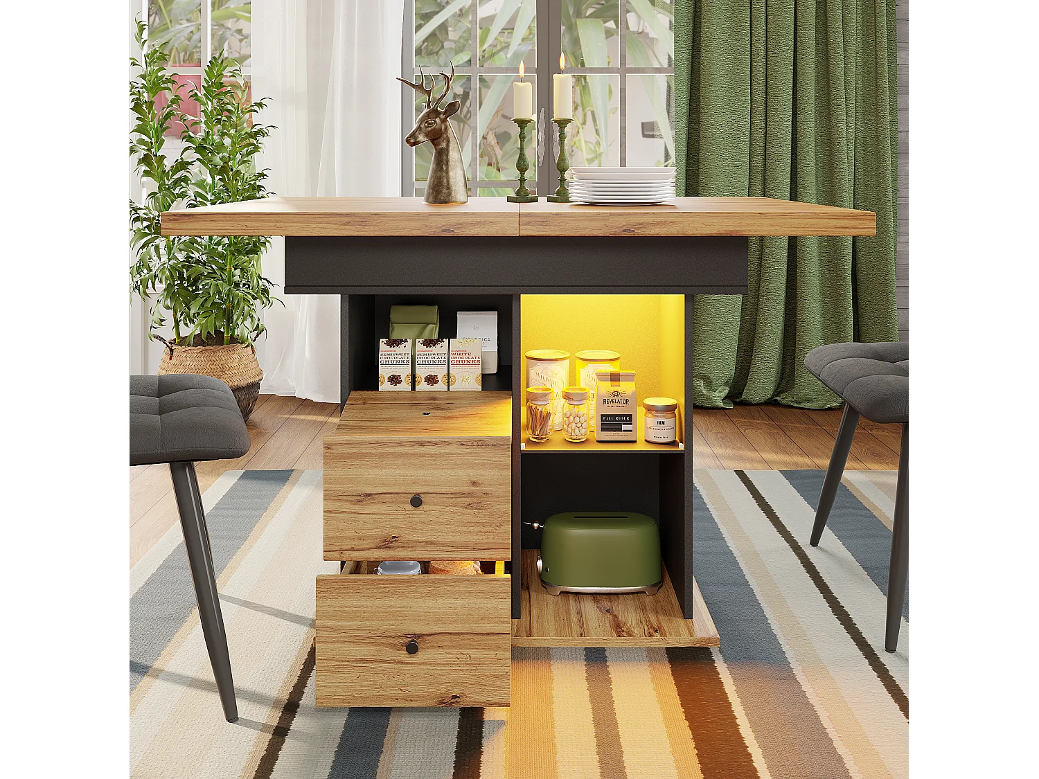 Opklapbare eettafel 4 - 6 plaatsen - 110-140 x 80 x 75 cm - uitschuifbaar - met 2 lades + LED's - MDF - zwart