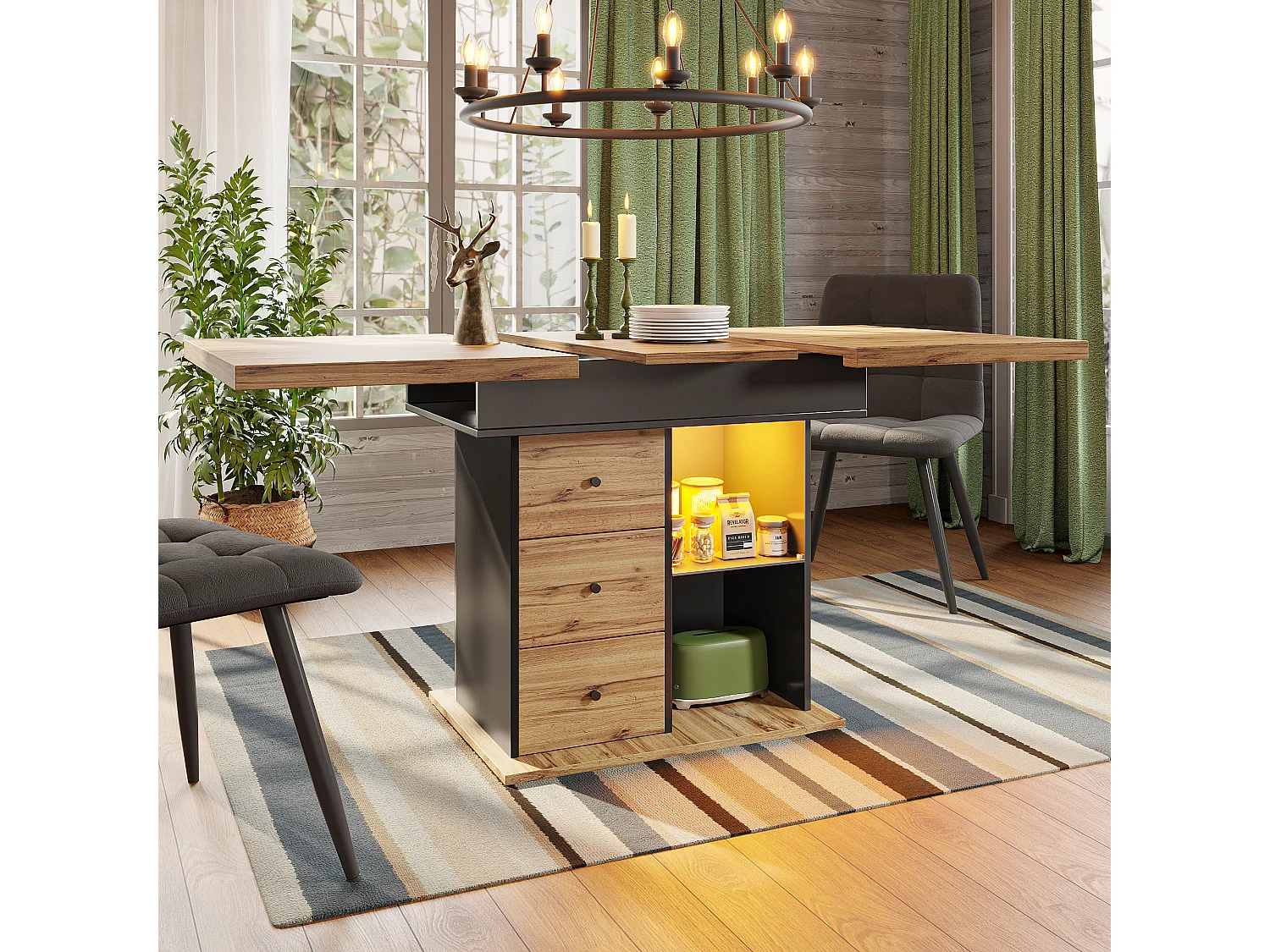 Opklapbare eettafel 4 - 6 plaatsen - 110-140 x 80 x 75 cm - uitschuifbaar - met 2 lades + LED's - MDF - zwart